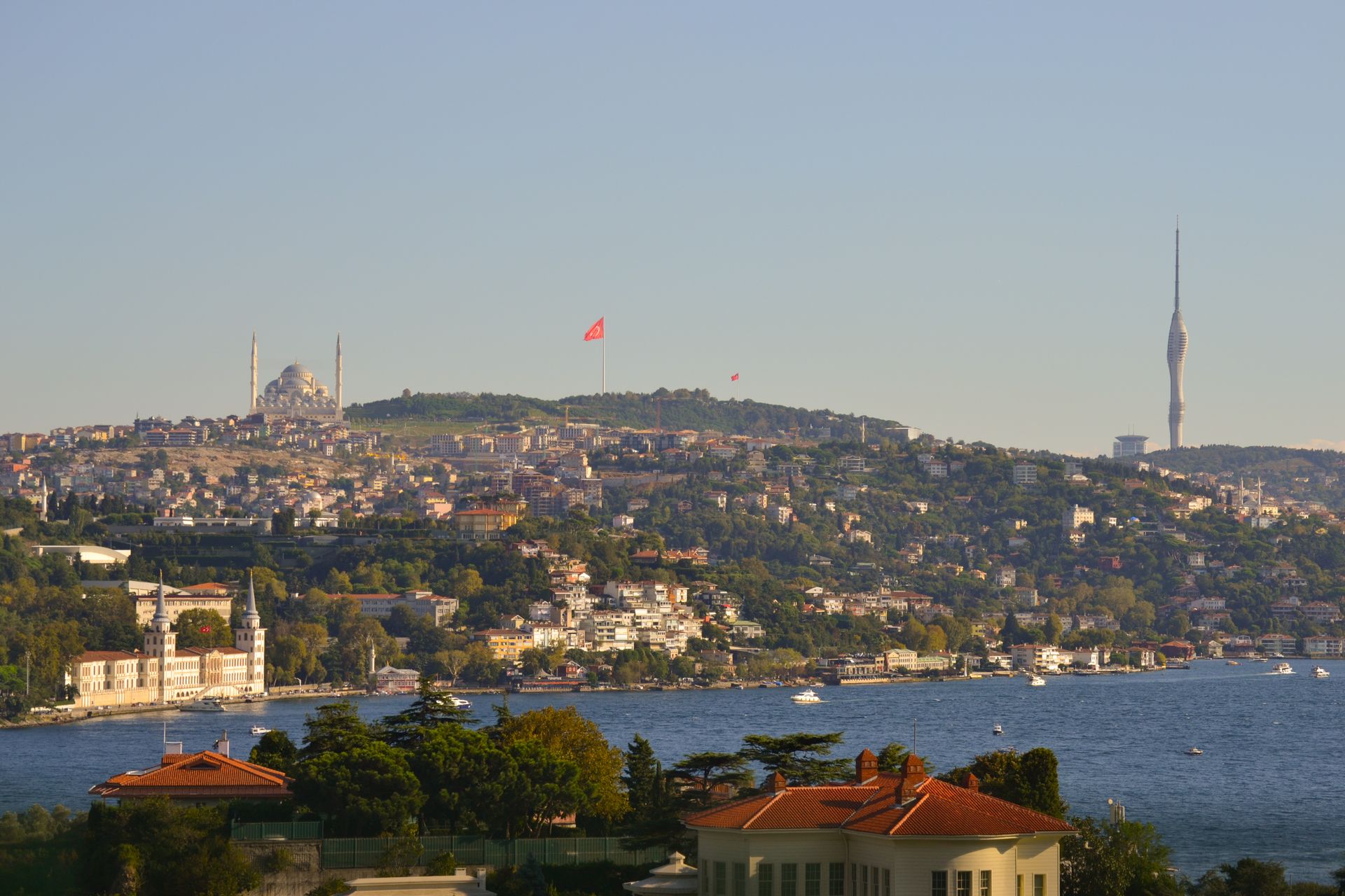 Panoramic view of Beşiktaş hillside residential quarters and hotel complexes overlooking the blue Bosphorus Strait.