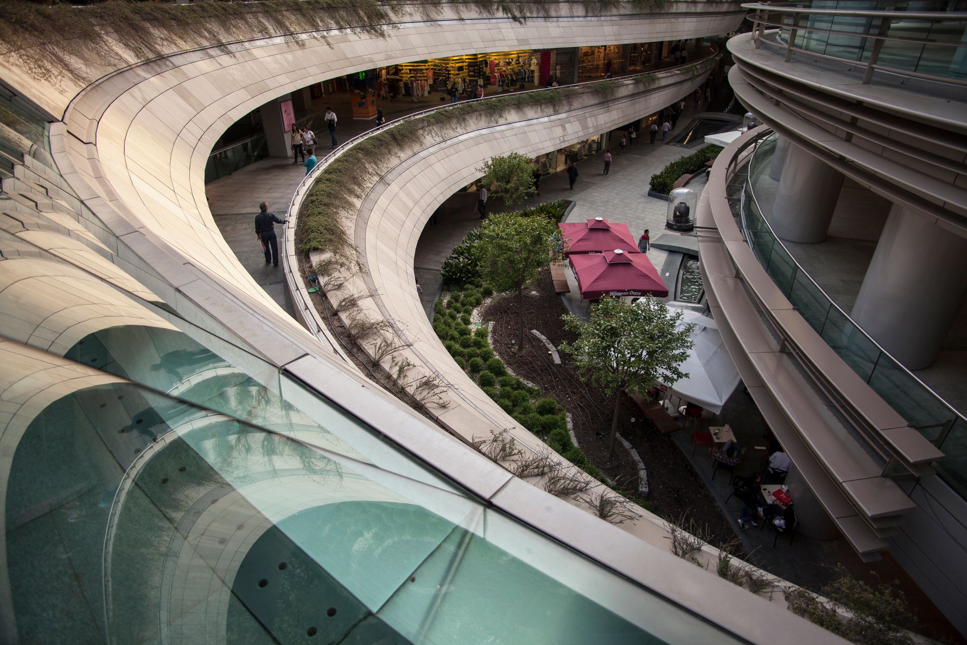 Contemporary multi-tiered modern architecture and green landscaped terraces of Zorlu Center (Raffles Istanbul).